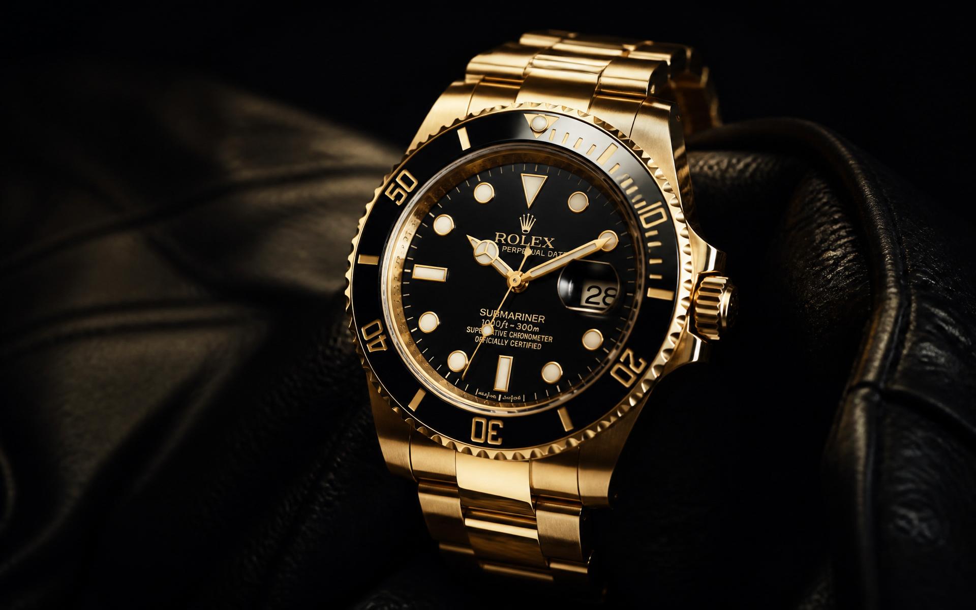 Luxury gold Rolex Submariner watch on black leather